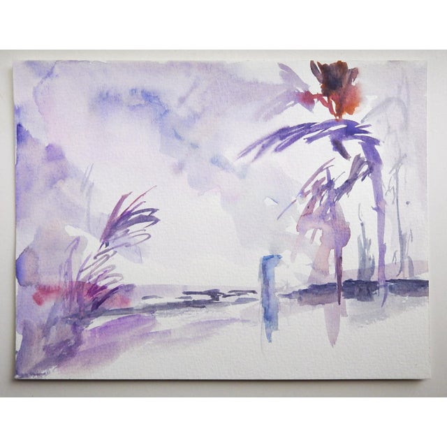 Late 20th century purple watercolor on paper plein air quick study painting of a coastal scene. Unsigned. Unframed.