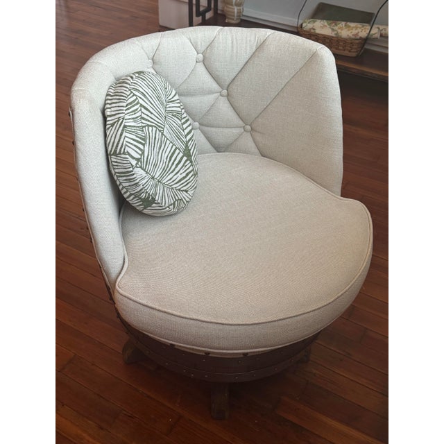 Beige Rustic Swivel Barrel Accent Chair | Tufted Upholstery | Wine Barrel Style For Sale - Image 8 of 8