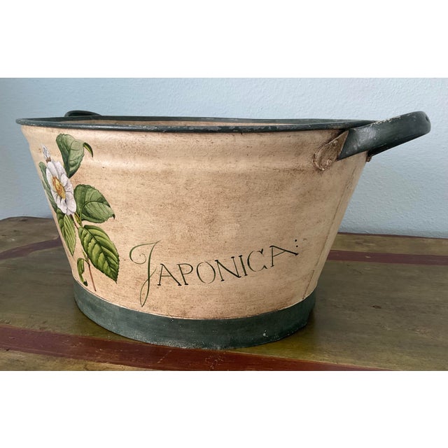 Shabby Chic Vintage Hand-Painted Tole Camellia Cachepot Jardinière With Handles For Sale - Image 3 of 10