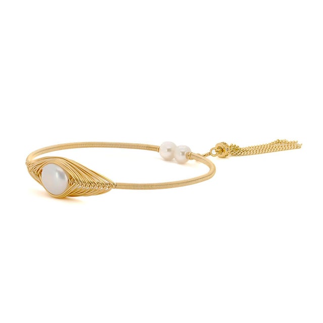 Brass Cleopatra Gold & Pearl Tassel Cuff Bracelet For Sale - Image 8 of 9