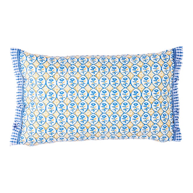 Schumacher Josiane Floral 18" Lumbar Pillow in Yellow & Blue For Sale