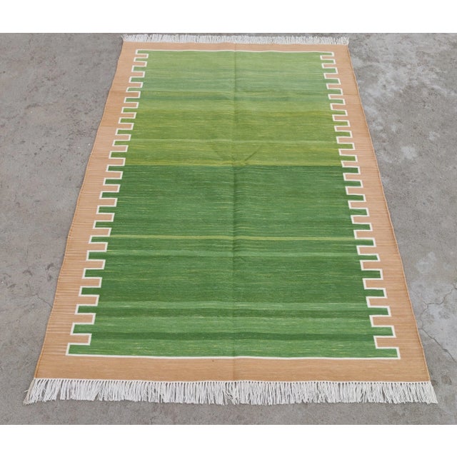 Not Yet Made - Made To Order Handmade Cotton Rug, Green with Light Tan Geometric Border and Cream Fringe - 6'x9' For Sale - Image 5 of 9