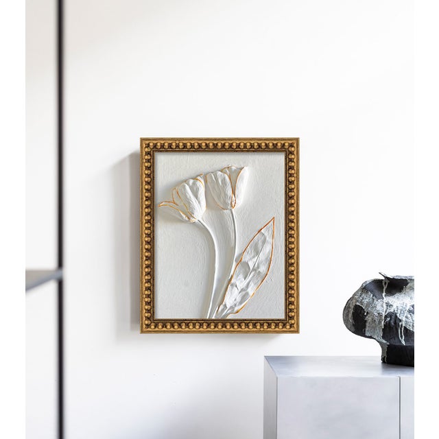 Textured White Floral Relief Art in Gold Frame – 3d Plaster Tulip Botanical Artwork For Sale - Image 4 of 5