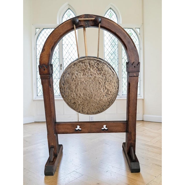 Antique Gothic Revival Oak Freestanding Dinner Gong in Silvered Brass, 1800s For Sale - Image 13 of 13