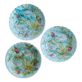 Antique French Barbotine Bird Plates, 1875, Set of 3 For Sale