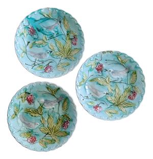 Antique French Barbotine Bird Plates, 1875, Set of 3