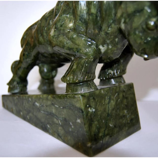 Spinach Jade Charging Bull Oxen Statuette Figurine on Pedestal For Sale - Image 4 of 11
