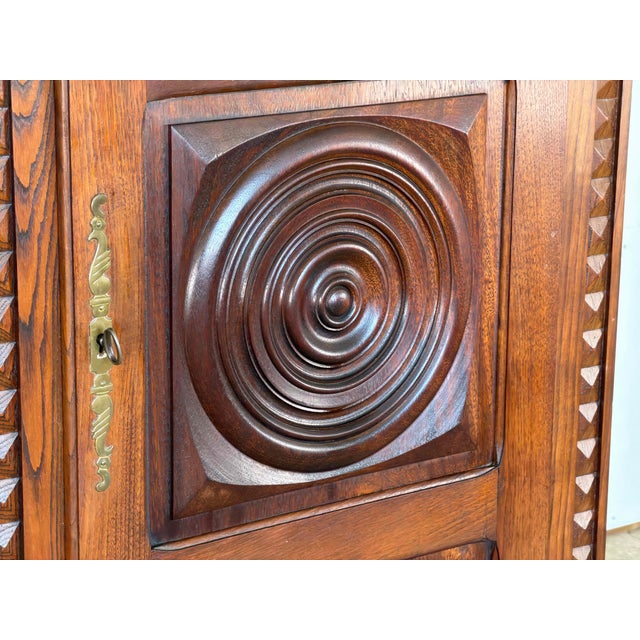 French Brutalist Carved Oak Armoire attributed to Charles Dudouyt, 1940s For Sale - Image 12 of 15