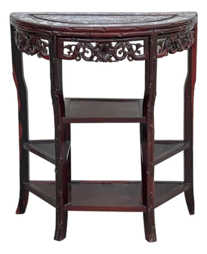 Vintage Reddish Brown Mother of Pearl Inlay Half Round Console Altar Table