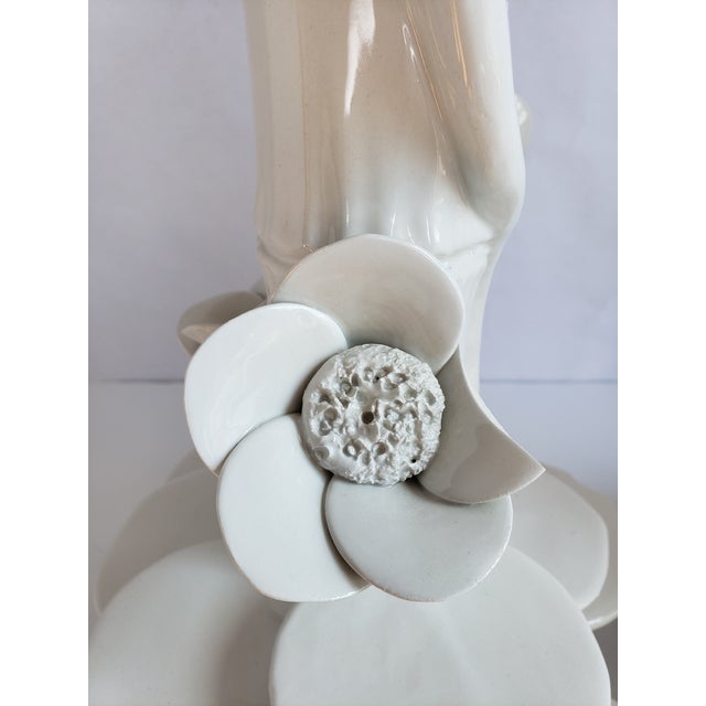 Mid Century Italian Ceramic Faux Bamboo & Lotus Flower Table Lamps-A Pair For Sale - Image 9 of 13