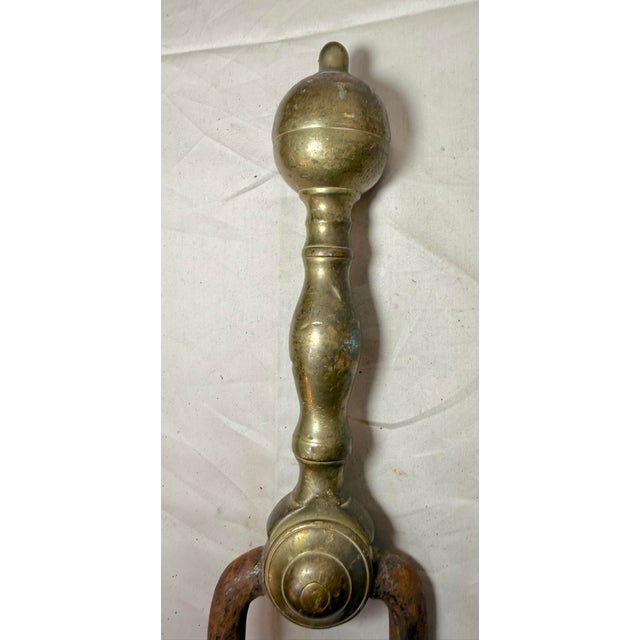 Antique 18th Century Wrought Iron Turned Brass English Fireplace Tongs Tool 7 For Sale - Image 4 of 10