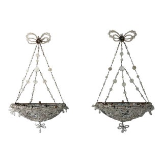 Italian Crystal Beaded Basket Mirrors Sconces, Circa 1920 Rare For Sale