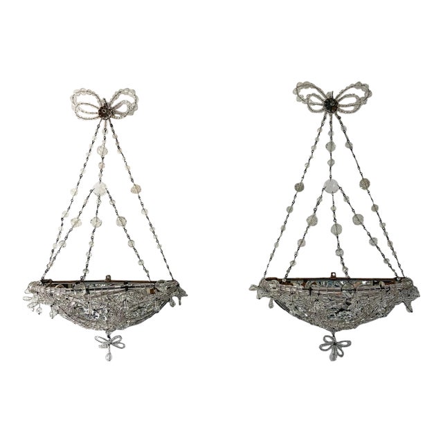 Italian Crystal Beaded Basket Mirrors Sconces, Circa 1920 Rare For Sale