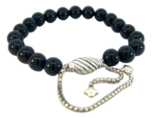 1990s David Yurman Onyx Polished Beads Bracelet 6.6 - 8.5" Silver 8 Mm Estate