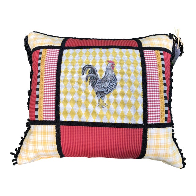 French Country Rooster Needlepoint Accent Pillow For Sale