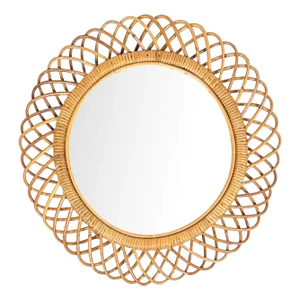 Mid-Century Italian Rattan and Bamboo Round Wall Mirror, 1960s