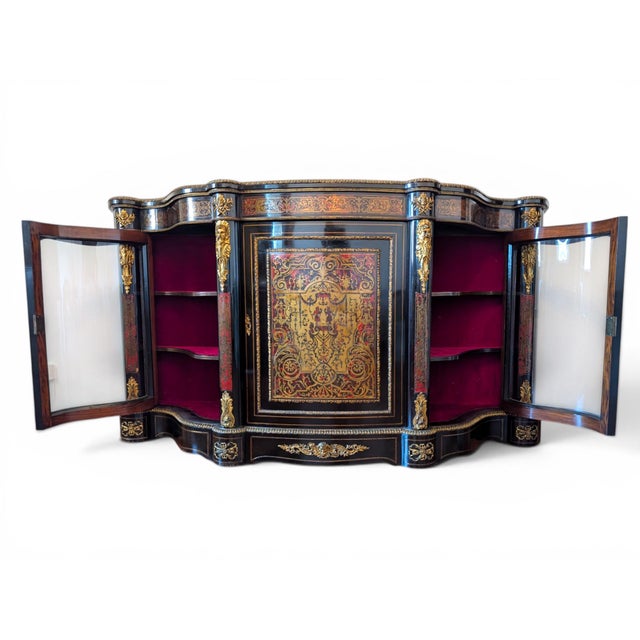 French Boulle-Style Sideboard in Wood with Brass and Glass, 1800s For Sale - Image 9 of 14
