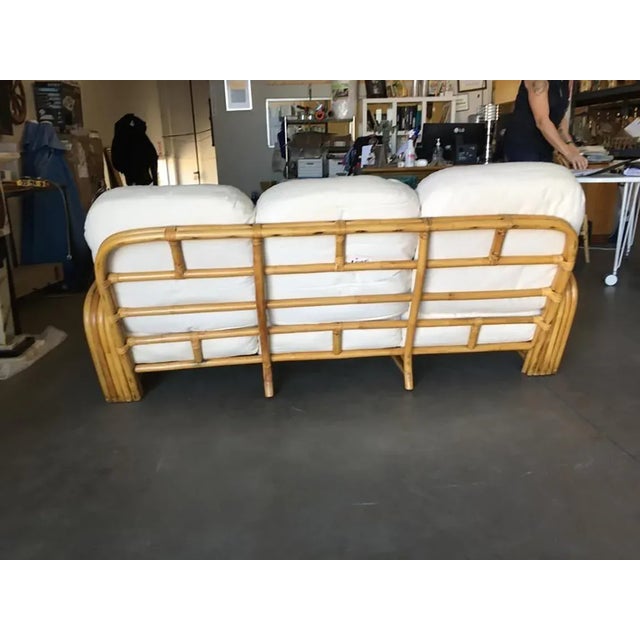 Wood Restored 1950s Quad Pole "R" Arm 3 Seat Rattan Sofa For Sale - Image 7 of 10
