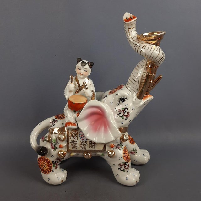 Vintage Porcelain Sculpture of Elephant with Drummer, 1970s For Sale - Image 18 of 18