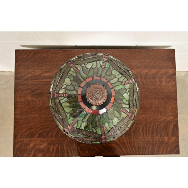 Late 20th Century Late 20th Century Tiffany Studios Style Arts & Crafts Table Lamp With Dragonfly Stained Glass Shade For Sale - Image 5 of 16