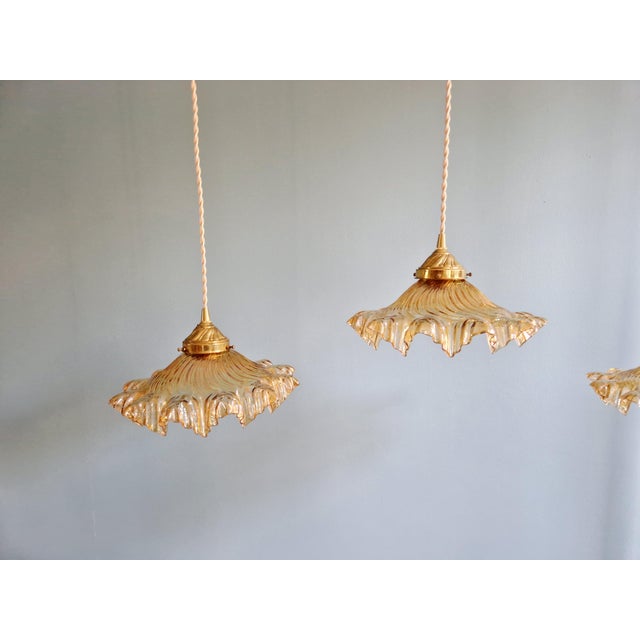 Metal Amber-Colored Pleated Glass Pendant Lights, 1930s, Set of 3 For Sale - Image 7 of 18