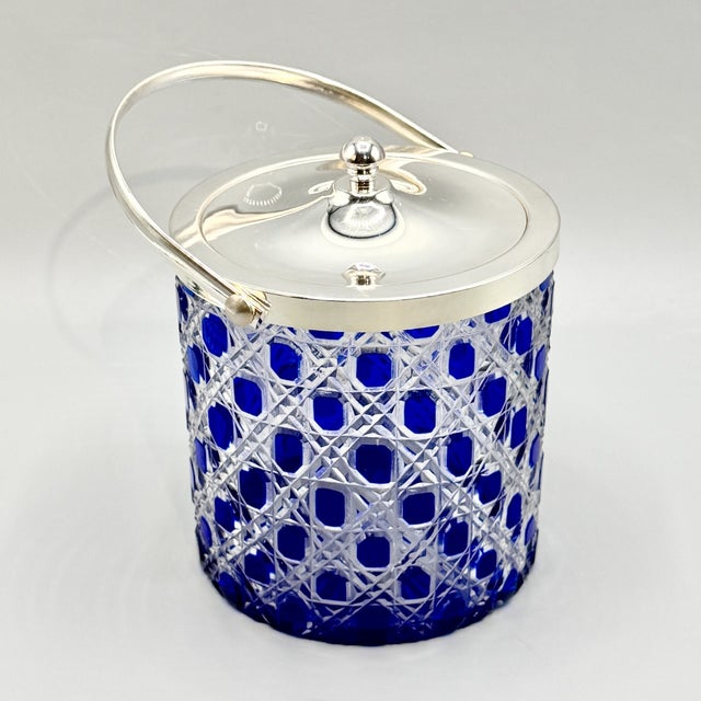 Mid-Century Modern Art Glass Jars with Blue Cut in Clear Crystal Biscuit Barrels with Silver-Plated Mounts, 1950s, Set of 2 For Sale - Image 9 of 18