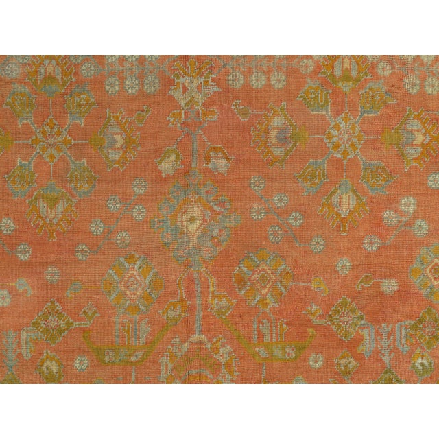 Antique Oushak Carpet, Oriental Rug, Handmade Rug Saffron, Light Blue and Coral For Sale - Image 11 of 18