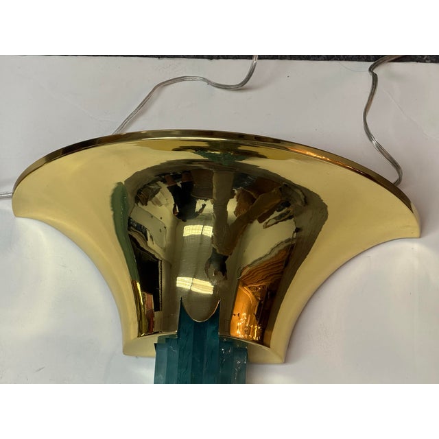 Karl Springer 1980s Karl Springer Purcell Brass Finish + Aqua Glass Sconces, Pair For Sale - Image 4 of 12