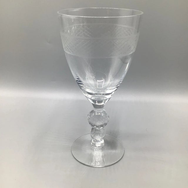 Transparent Morgantown "Eton" Water Goblets Cut Ball Stem, With Cross Hatch Band -Set of 5 Crystal Glasses For Sale - Image 8 of 13