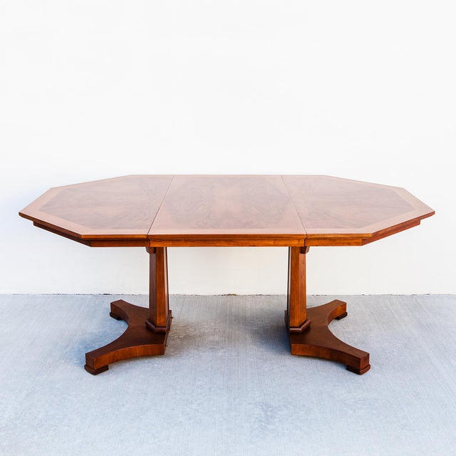 1980s Restored Walnut Burl Expandable Dining Table on Pedestal Base by Baker For Sale - Image 14 of 15