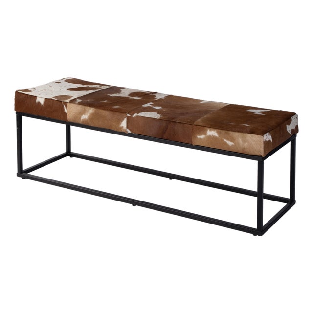 Stinson 54 in. W Rectangular Hair-on-Hide and Iron Accent Bench, Brown Leather For Sale