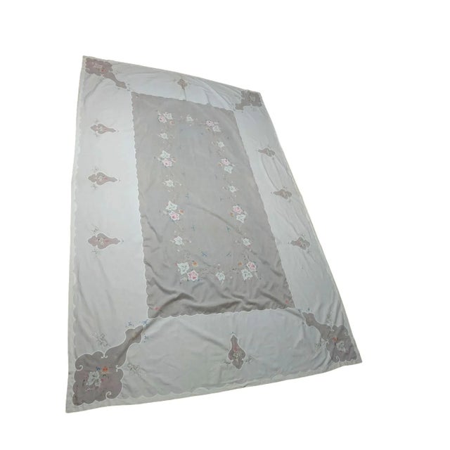 Shabby Chic Vintage Handmade White Sheer Embroidery Tablecloth For Sale - Image 3 of 13