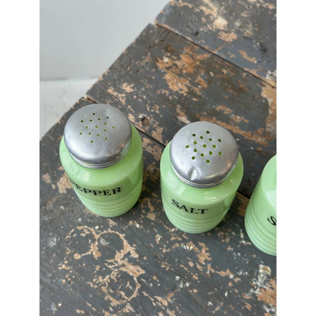 Green Vintage Jeanette Glass Jadeite Shakers, Set of Four, Circa 1950s For Sale - Image 8 of 14
