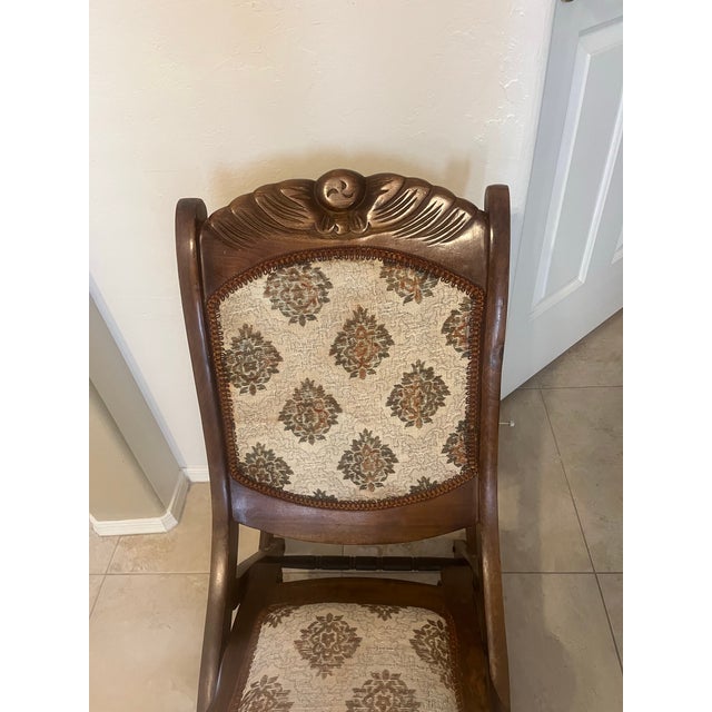 Wood Vintage Victorian Carved Walnut and Upholstered Folding Rocking Chair For Sale - Image 7 of 12