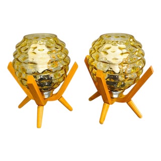 Mid-Century Wood and Yellow Glass Table Lamps, Czech, 1970s, Set of 2 For Sale
