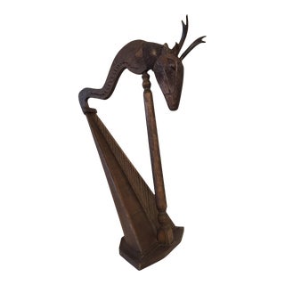 Large Antique Early 20th Century Oak Wood Stag Head Harp For Sale