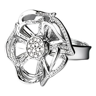 Late 20th Century14K White Gold Filigree Diamond Floral Cocktail Ring, Size 7.5 For Sale
