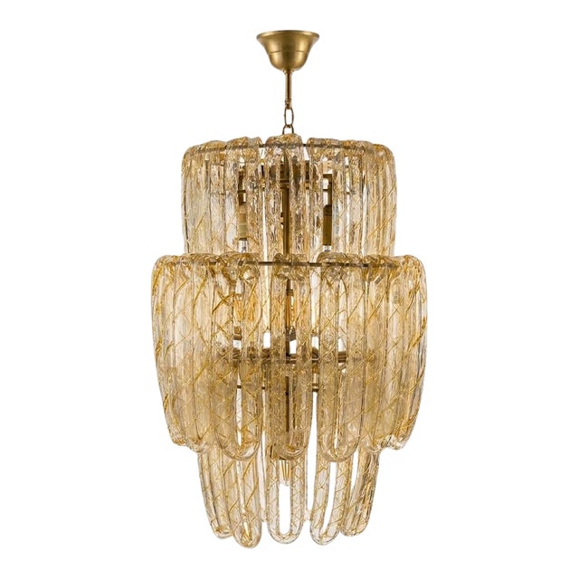 1960s Elegant Italian Murano Glass Chandelier, Mid-Century Golden Hand-Blown & Unique Statement Piece For Sale