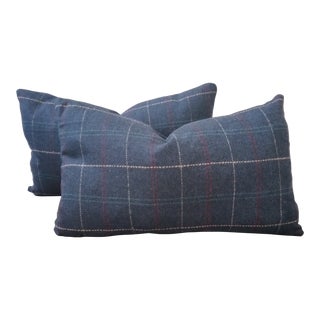 Herringbone Plaid Wool-Blend Lumbar Pillows in Navy Blue - a Pair For Sale