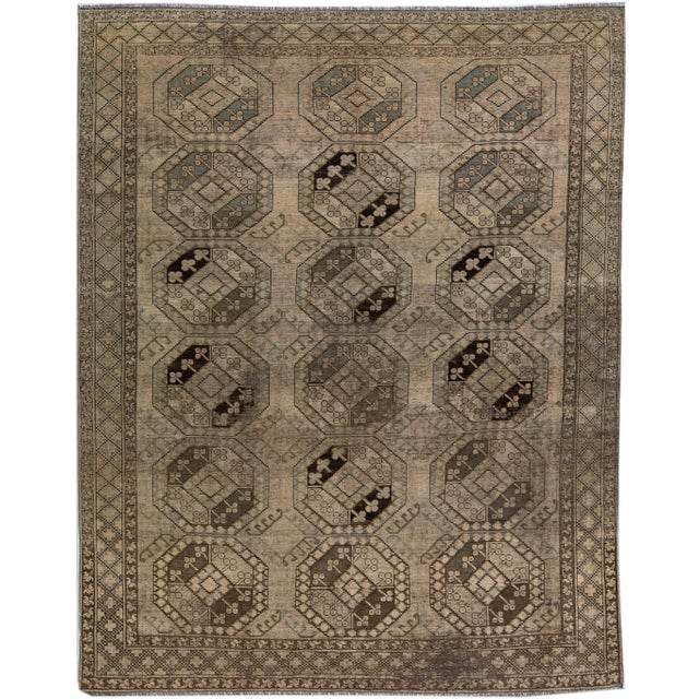 Textile 1930s Antique Handmade Persian Turkmen Wool Rug With Geometric Motif in Light Brown For Sale - Image 7 of 7