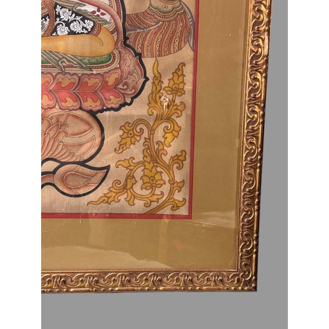 Antique Gilt Framed Hand Painted Tibetan Buddhist Green Tara Thangka Painting For Sale - Image 6 of 9