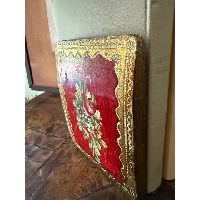 1960s Pair of Italian Florentine Hand-Painted Red Floral Bookends by G. Serraglini Firenze For Sale - Image 4 of 12