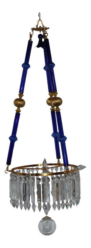 19th Century Baltic Style Signed F&c Osler Blown Cobalt Blue Glass & Gold Plate 3 Light Crystal Chandelier