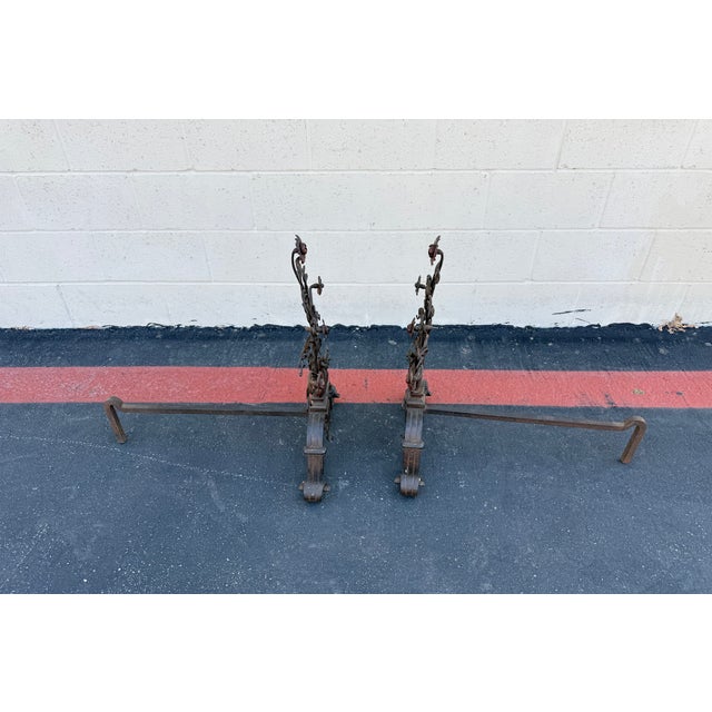 Pair of 19th Century Italian Wrought Iron Floral Andirons With Scroll Legs For Sale - Image 10 of 18