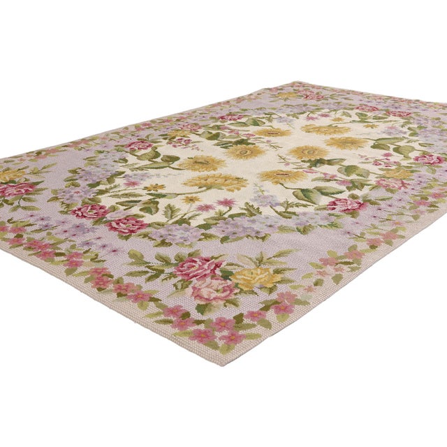 79492 Vintage Chinese Aubusson Needlepoint Rug, 04'00 x 06'01. The Sunlit Jardin: A Vintage Chinese Aubusson Needlepoint...