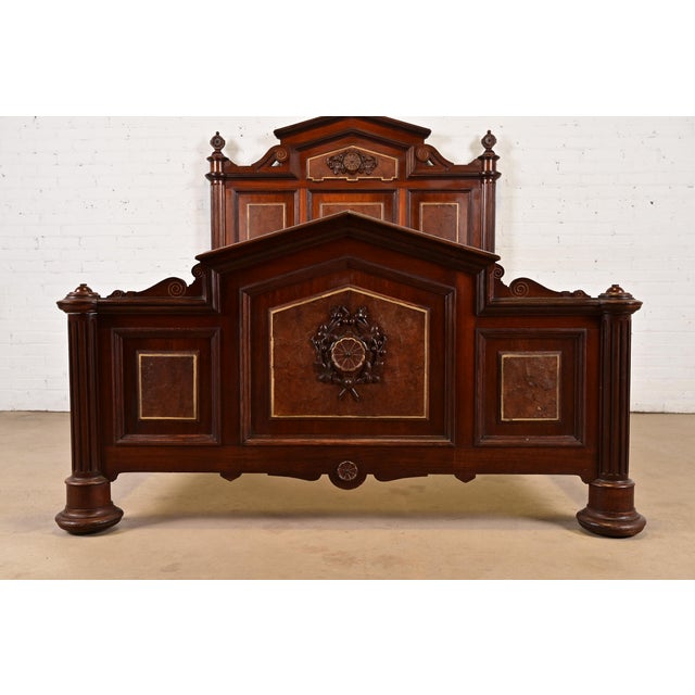 Wood Herter Brothers Style Antique Victorian Carved Walnut and Burl Wood Full Size Bed, Circa 1880s For Sale - Image 7 of 11