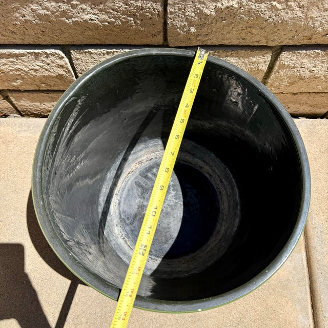1970s Mid Century Modern Fun Green & Yellow Glazed Pottery Planter 14”x13” MCM For Sale - Image 4 of 8