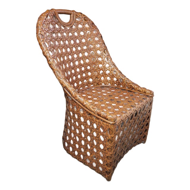 Vintage Basketweave Rattan Accent Chair With Sculptural Handled Back For Sale