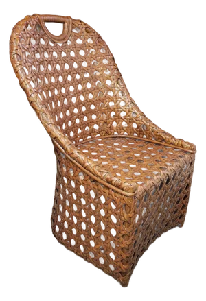 Vintage Basketweave Rattan Accent Chair With Sculptural Handled Back