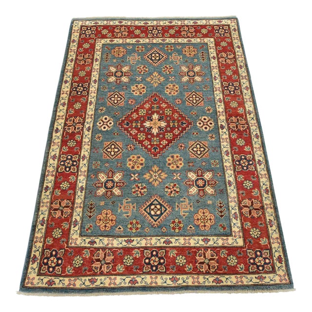 Kazak Rug 3’11” X 5’9” Blue Wool Tribal Hand-Knotted Oriental Carpet For Sale